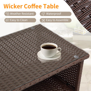 Outdoor Wicker Patio Coffee Table with Tempered Glass Top & Storage Shelf