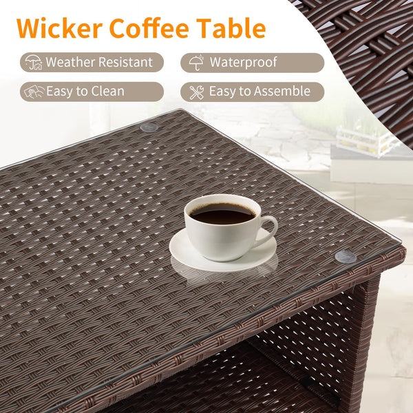 Outdoor Wicker Patio Coffee Table with Tempered Glass Top & Storage Shelf