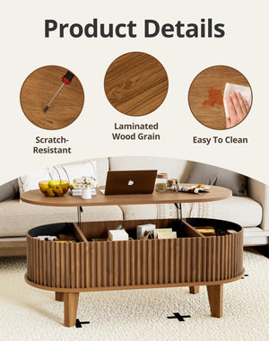 Oval Lift-Top Coffee Table with Fluted Wood & Hidden Storage