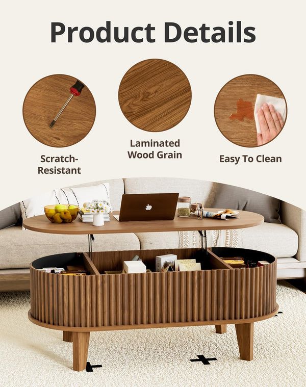 Oval Lift-Top Coffee Table with Fluted Wood & Hidden Storage