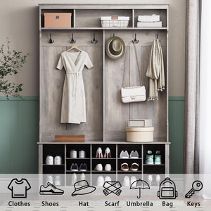 Farmhouse Hall Tree with Bench and Shoe Storage, Grey