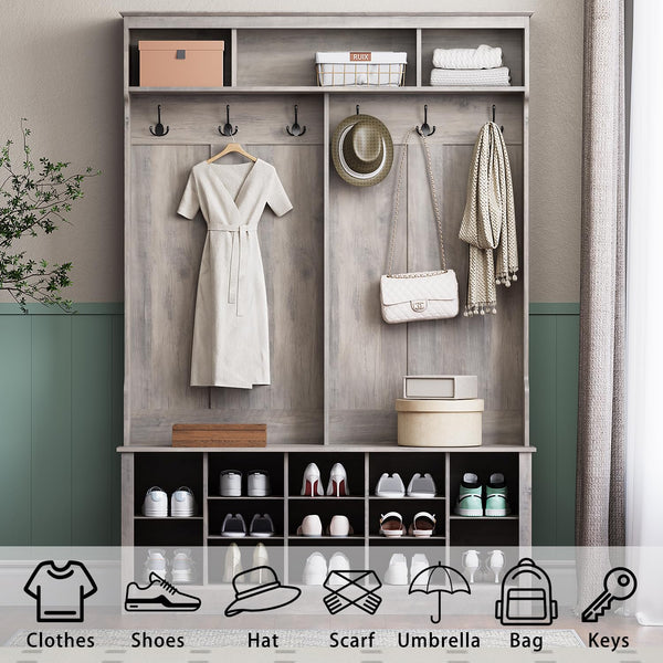 Farmhouse Hall Tree with Bench and Shoe Storage