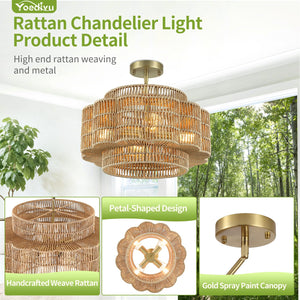Petal-Shaped Boho Rattan Chandelier – Handwoven Pendant Light