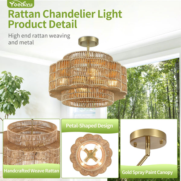 Petal-Shaped Boho Rattan Chandelier – Handwoven Pendant Light