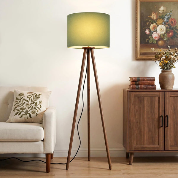 Rubberwood Tripod Floor Lamp — 60.6", 15.7" Linen Shade, Walnut Finish, E26