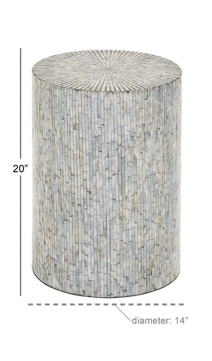 Mother of Pearl Mosaic Cylinder Side End Table, Light Blue, 14" x 14" x 20"