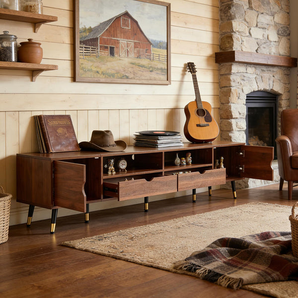 Mid-Century Modern TV Stand for 85 Inch TVs – Walnut Wood Media Console