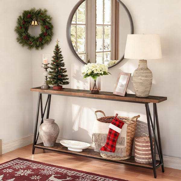 63-Inch Industrial Console Table with X-Shaped Metal Frame