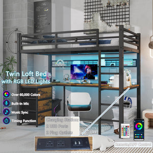 Twin Loft Bed with U-Shaped Desk, LED, Storage Drawers & Power Outlet