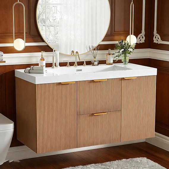 Floating Double Sink Bathroom Vanity with SMC Resin Top & Wood Cabinet