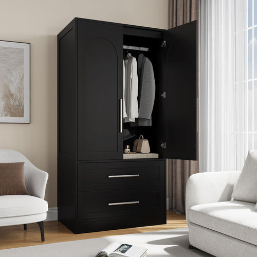 Freestanding Wooden Wardrobe with 2 Doors & 2 Drawers