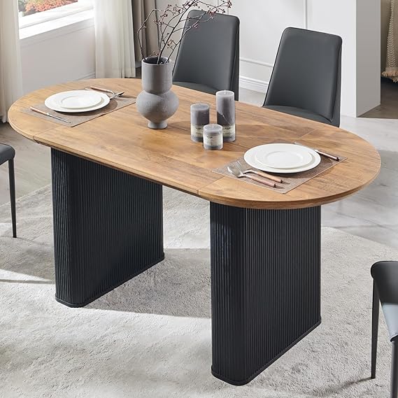 63 Inch Oval Dining Table for 4-6 | Mid-Century Modern Fluted Base Kitchen Table