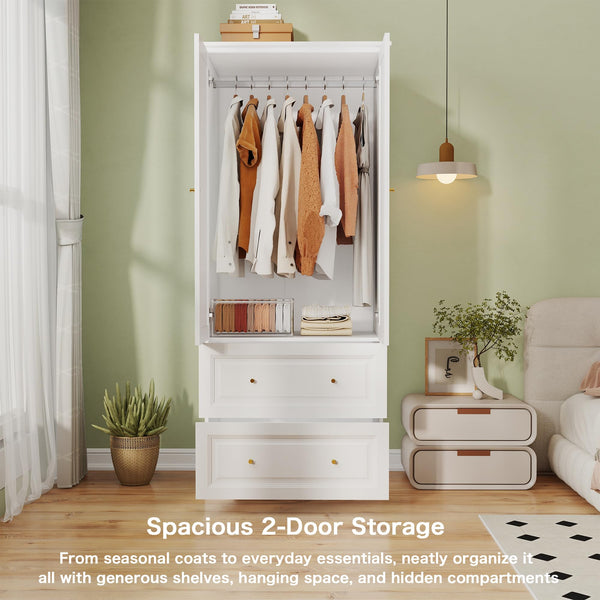 White Wardrobe Closet with Drawers, Hanging Rod & Shelves