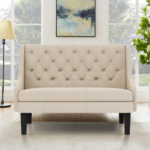 Mid-Century Modern Settee Bench with Tufted Back & Wood Legs