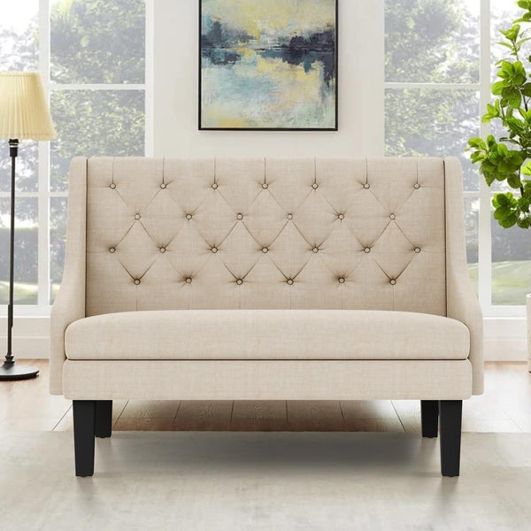 Mid-Century Modern Settee Bench with Tufted Back & Wood Legs