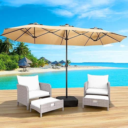 Large Rectangular Patio Umbrella with Base & LED Lights