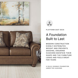 Rustic Faux Leather Loveseat with Nailhead Trim & Throw Pillows