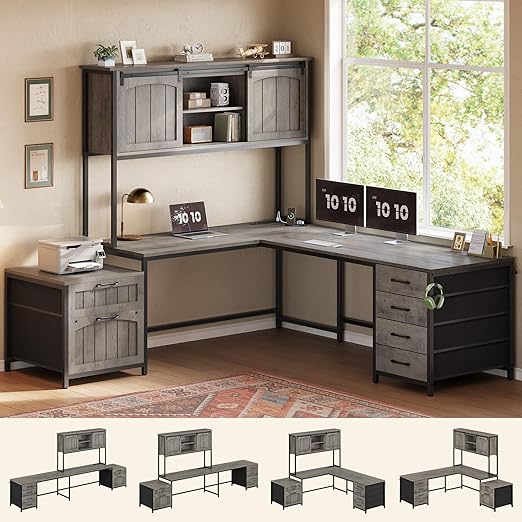 L-Shaped Office Desk with Hutch, 6 Drawers & Power Outlet – Farmhouse Corner Desk