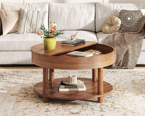 Round Coffee Table with 2-Tier Rotating Storage, 30.63"