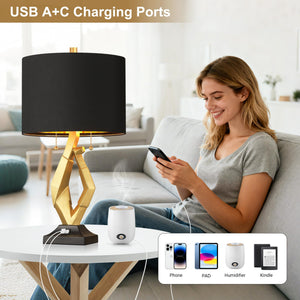 Gold & Black Sculptural Table Lamps Set of 2 with USB Ports