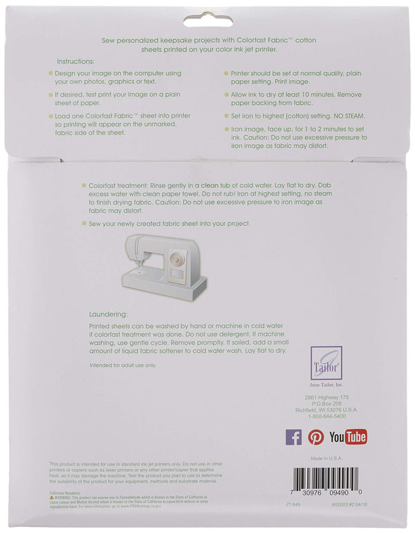 Colorfast Inkjet Printable Cotton Fabric Sheets 8.5x11