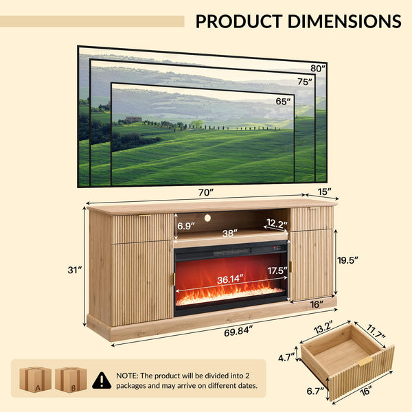 Fluted Fireplace TV Stand with 36" Electric Fireplace – Fits TVs Up to 80"