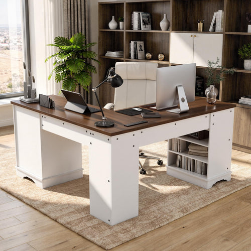 59" Farmhouse L-Shaped Desk with Power Outlets & Storage Cabinet