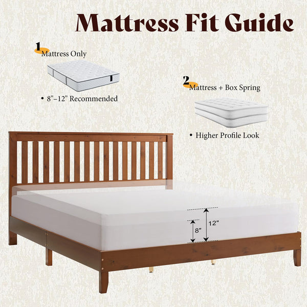 Queen Solid Wood Platform Bed Frame with Vertical Slats Headboard