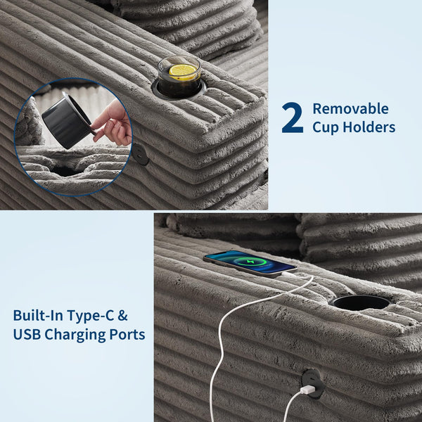 60-Inch Oversized Chaise Lounge Sofa with Charging Station & Cup Holders