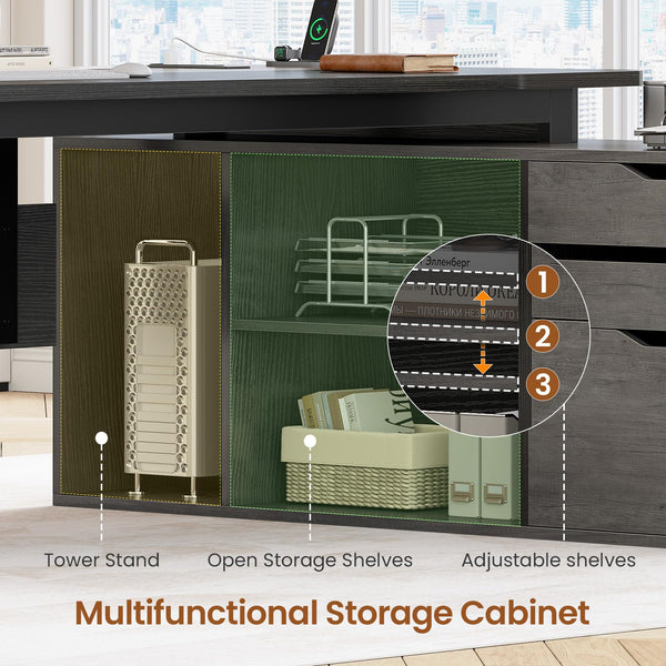 L-Shaped Executive Desk with File Cabinet and Power Outlets