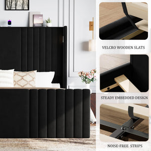 Wingback Velvet Platform Bed with Reading Lights & Charging Station