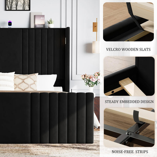 Wingback Velvet Platform Bed with Reading Lights & Charging Station