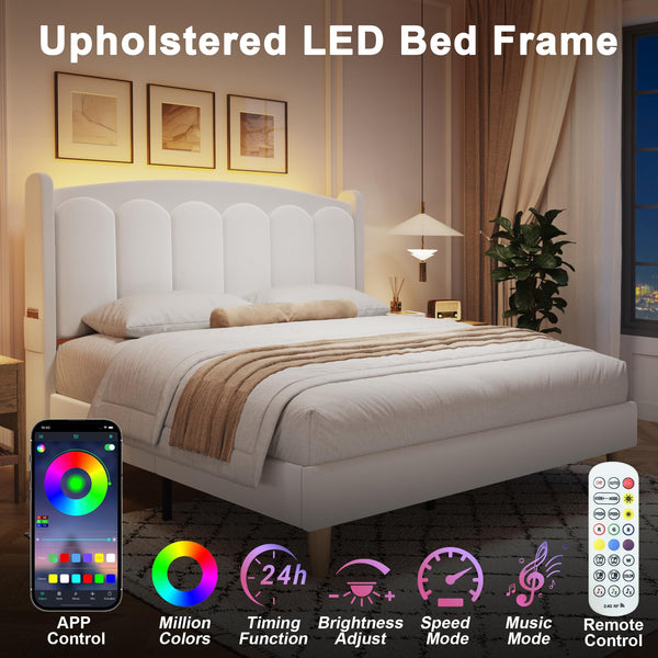 Queen Upholstered Platform Bed Frame with LED Headboard