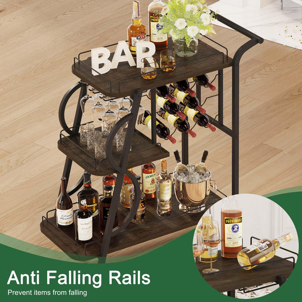 3-Tier Rolling Bar Cart with Wine Glass Holder