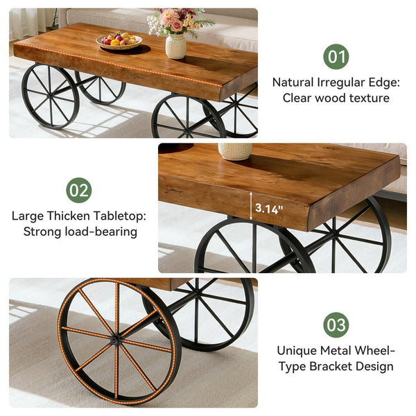 47" Industrial Live Edge Coffee Table – Solid Pine Wood & Metal Legs