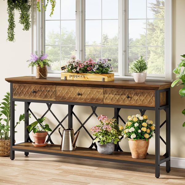 70.86" Industrial Console Table with 3 Drawers & Open Shelf