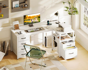 L-Shaped Corner Desk with Drawers & Power Outlet