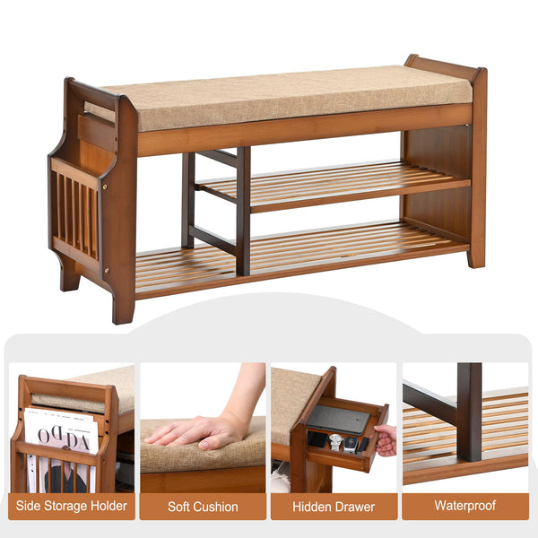 Bamboo Entryway Shoe Storage Bench with Cushion