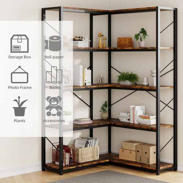 5-Tier L-Shaped Corner Bookshelf with Metal Frame