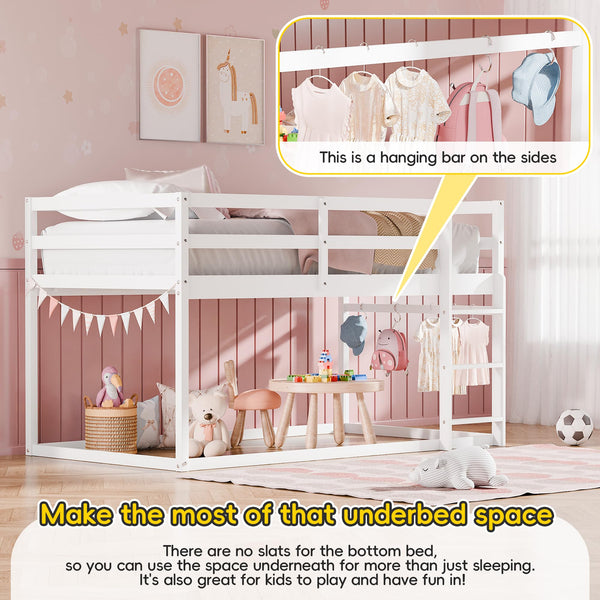 Twin Over Twin Low Bunk Bed with Full Guardrails
