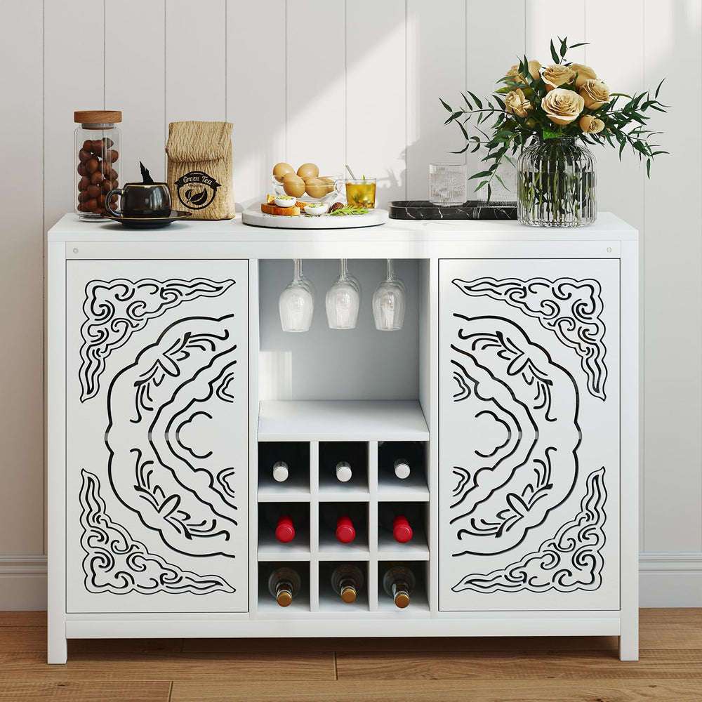 47" Wine Bar Cabinet with 2 Doors, Wine Rack, Glass Holder & Storage – White