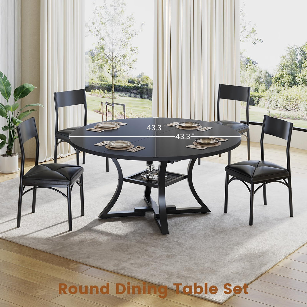 Expandable Round Dining Table Set for 4-8 – 5-Piece with Cushion Chairs