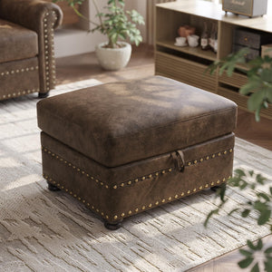 Brown Faux Leather Storage Ottoman with Nailhead Trim
