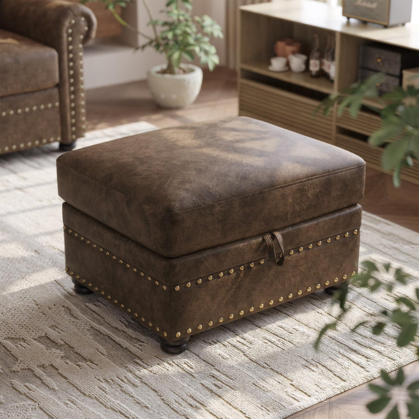 Brown Faux Leather Storage Ottoman with Nailhead Trim