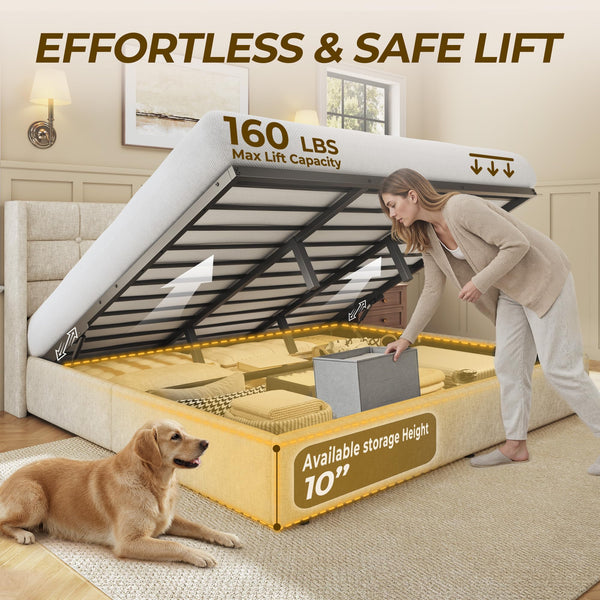 Lift Up Storage Bed Frame with Wingback Headboard
