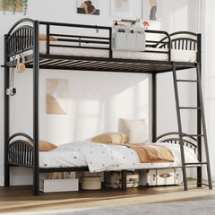 Twin Over Twin Metal Bunk Bed with Storage & Convertible Ladder