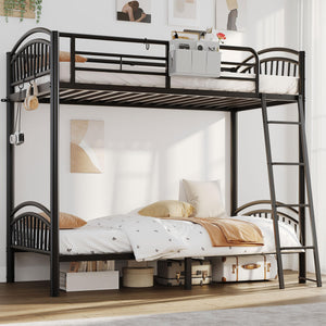 Twin Over Twin Metal Bunk Bed with Storage & Convertible Ladder