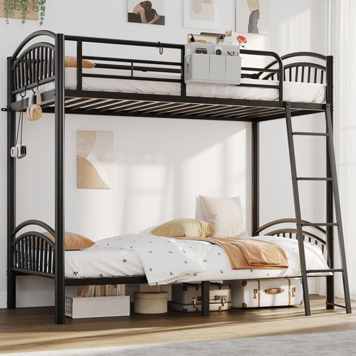 Twin Over Twin Metal Bunk Bed with Storage & Convertible Ladder