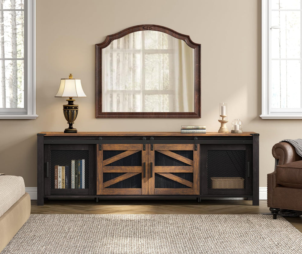 Farmhouse TV Stand for 75" TVs with Sliding Barn Doors