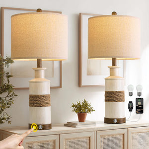 Boho Rattan Table Lamps Set of 2 with Touch Dimmer & USB Ports